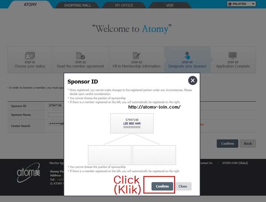 Malaysia Join Atomy member Sponsor Confirm