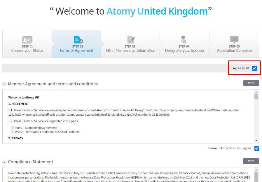 England 04 Atomy UK United Kingdom Agree Registration