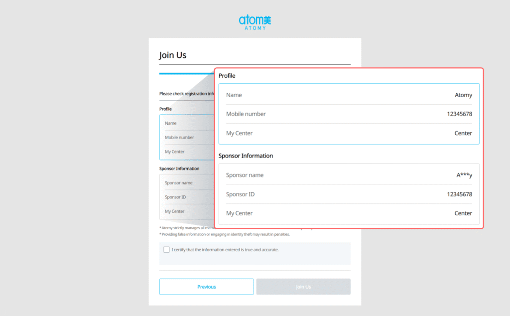 6. Check member information Registration Atomy Online
