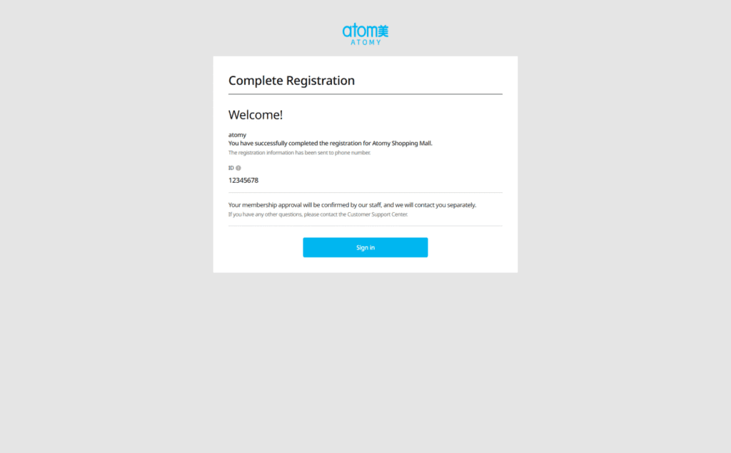 7. Complete signing up Atomy Member Distributor